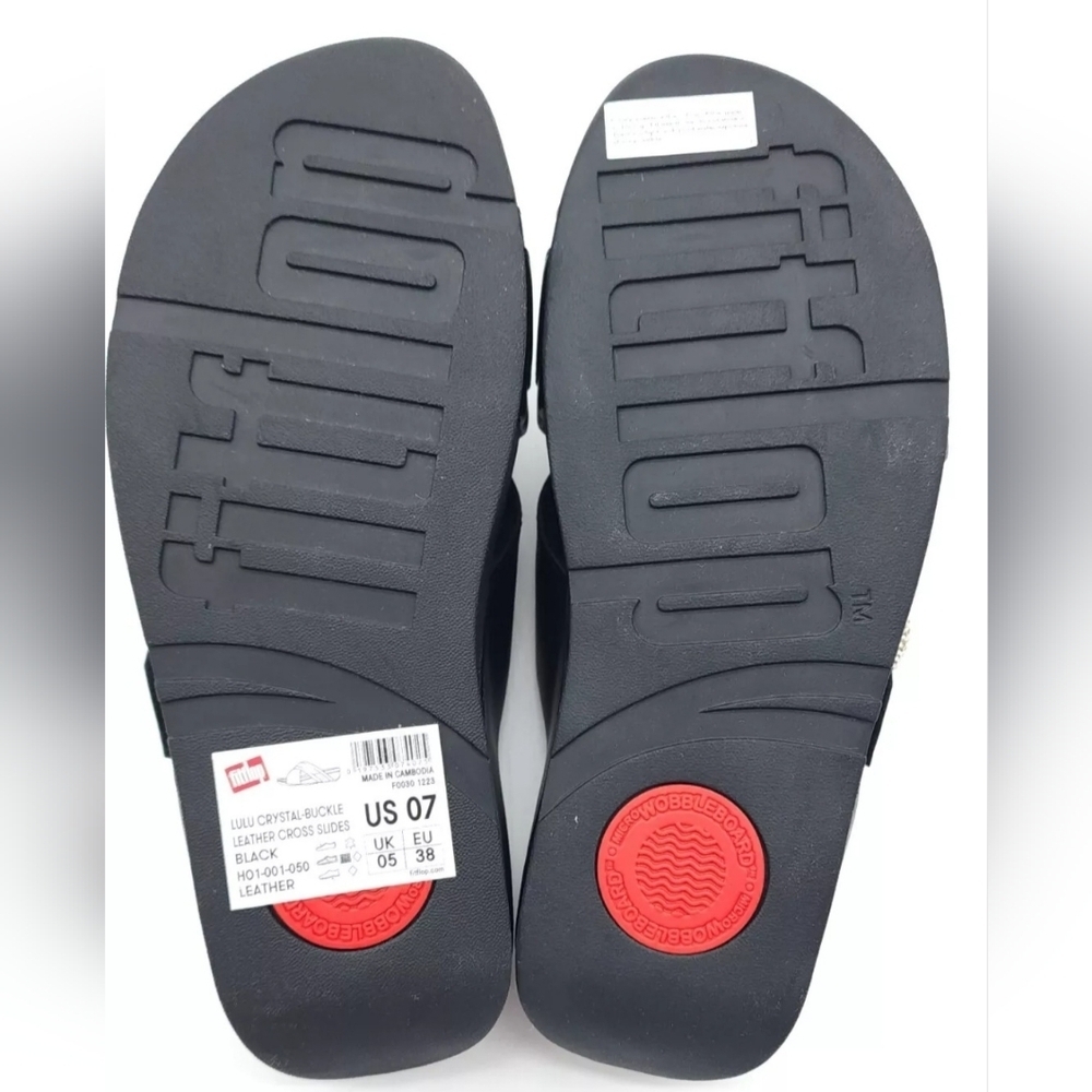 Fitflop Lulu Crystal-Buckle Black Leather Cross Slides Women's Size 38 US 7 - Picture 6 of 7